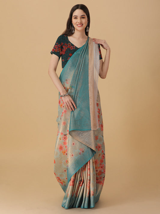 Multicolor Banarasi Soft Silk Digital Print Jacquard Woven Kanchipuram Saree