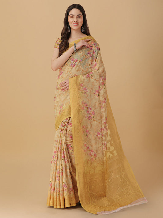Multicolor Banarasi Soft Silk Digital Print Jacquard Woven Kanchipuram Saree