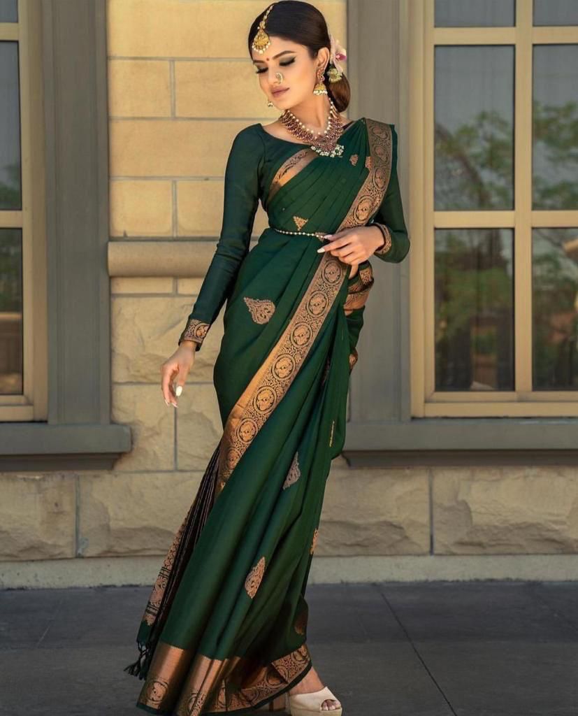 Buy benaifer fashion Woven Kanjivaram Pure Silk Dark Green Sarees Online @  Best Price In India | Flipkart.com