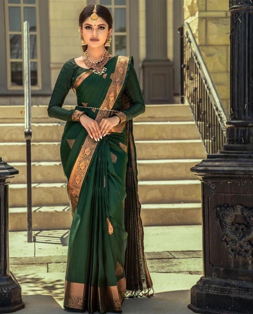 Beige Zari Weaving Kanjivaram Green Silk Saree | Laxmi Style