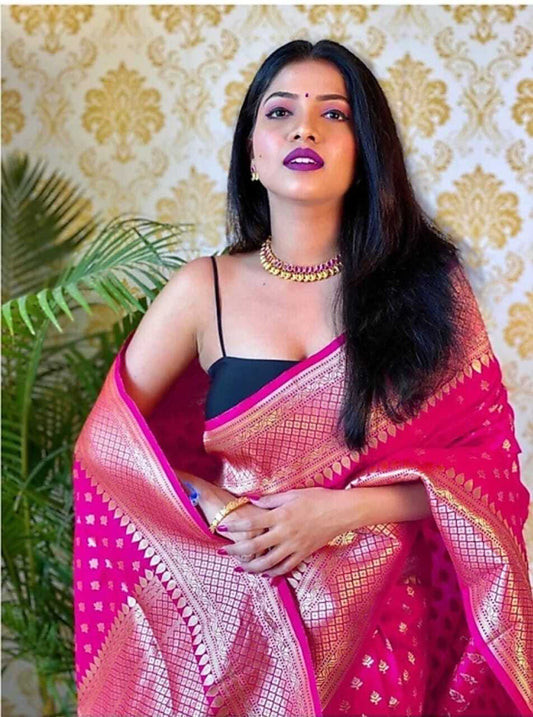 Beautiful Rani Pink Woven Kanjivaram Soft Lichi Silk Saree
