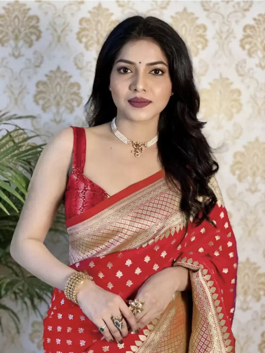 Beautiful Red Woven  Kanjivaram Soft Lichi Silk Saree