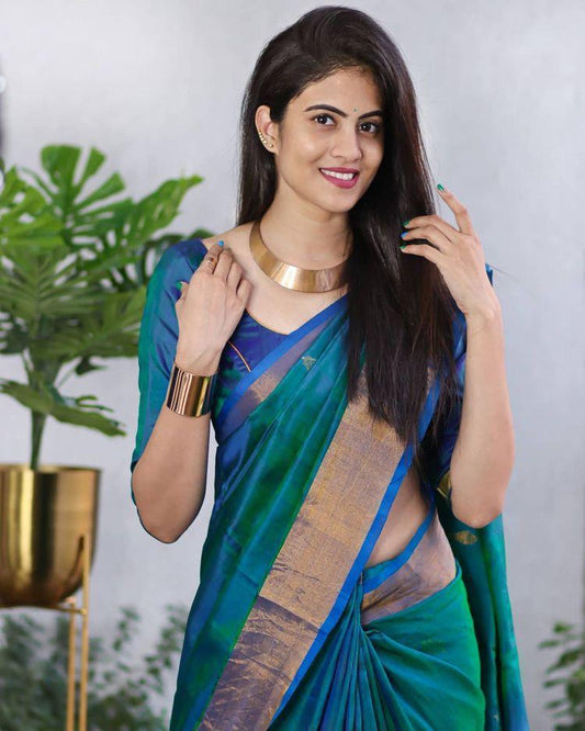 Royal Blue Green Woven Kanjivaram Silk Saree