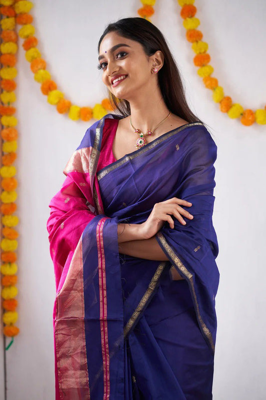 Blue And Rani Woven Banarasi Soft Lichi Silk Saree