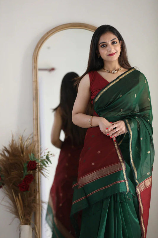 Dark Green And Red Woven Banarasi Soft Lichi Silk Saree