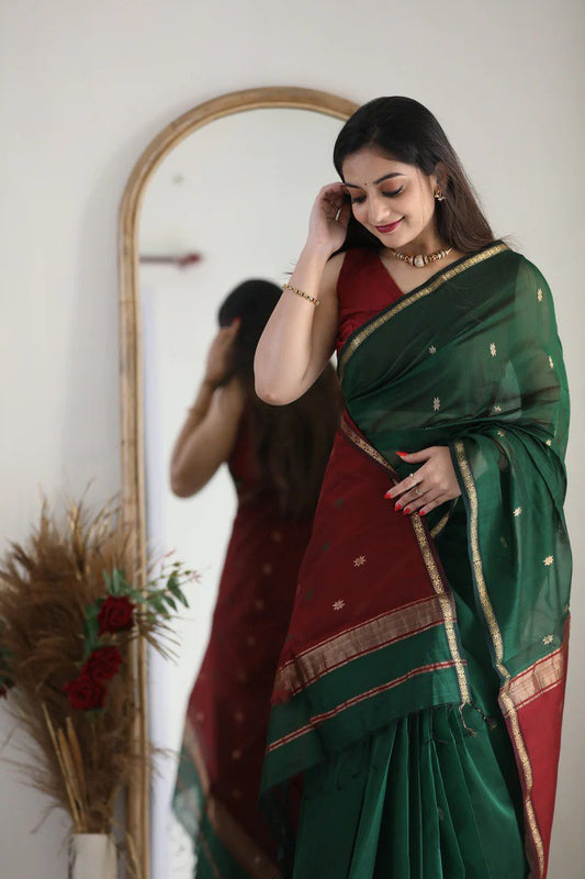 Dark Green And Red Woven Banarasi Soft Lichi Silk Saree